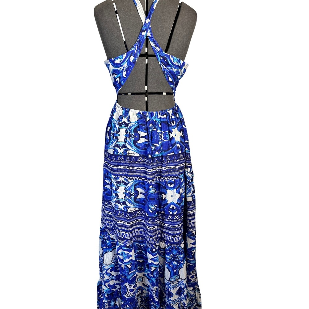 NWT ANTICA SARTORIA Blue White Printed Halter Maxi Dress One Size - Picture 3 of 11